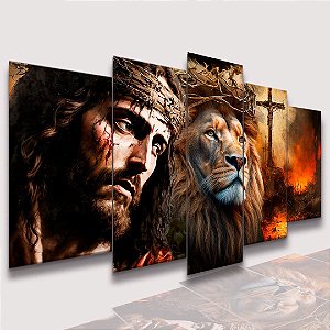 Mosaico 5 Peças para Sala Jesus, Leão de Coroa de Espinhos