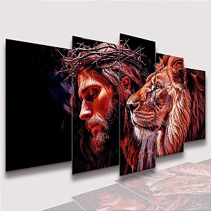 Mosaico 5 Peças para Sala Jesus Coroa de Espinhos Leão fundo Preto