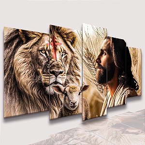 Mosaico 5 Peças para Sala Jesus Cristo , Leão e ovelha
