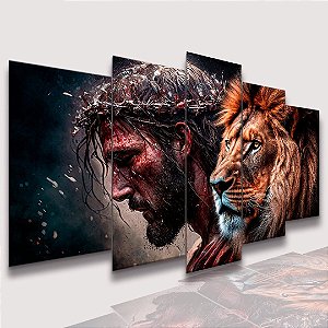 Mosaico 5 Peças para Sala Jesus Cristo, Leão na Chuva