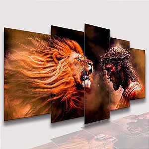 Mosaico 5 Peças para Sala Jesus Cristo, Leão Rugindo