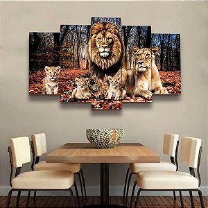 Mosaico 5 Peças para Sala  Paisagem Família de Leão com 3 Filhotes