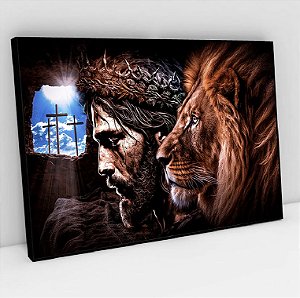 Quadro Decorativo Sala de Estar Pintura Leão com Cristo