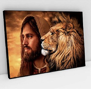 Quadro Decorativo Sala de Estar Pintura Leão com Cristo