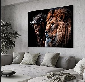 Quadro Decorativo Sala de Estar Pintura Leão com Cristo