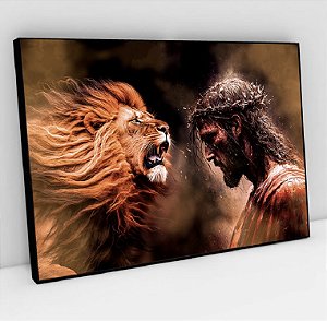 Quadro Decorativo Sala de Estar Pintura Leão com Cristo