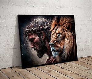 Quadro Decorativo Sala de Estar Pintura Leão com Cristo
