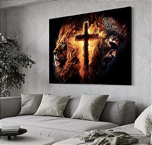Quadro Decorativo Sala de Estar Pintura Leão com Cristo