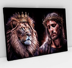 Quadro Decorativo Sala de Estar Pintura Leão com Cristo