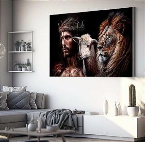 Quadro Decorativo Sala de Estar Pintura Leão com Cristo