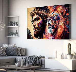 Quadro Decorativo Sala de Estar Pintura Leão com Cristo