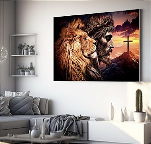 Quadro Decorativo Sala de Estar Pintura Leão com Cristo