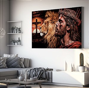 Quadro Decorativo Sala de Estar Pintura Leão com Cristo