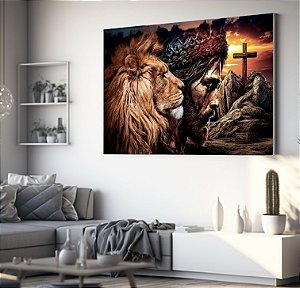 Quadro Decorativo Sala de Estar Pintura Leão com Cristo