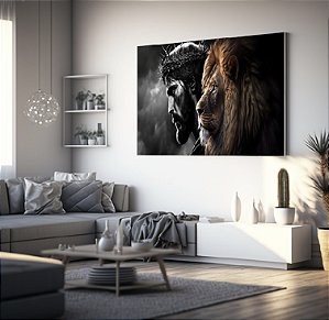 Quadro Decorativo Sala de Estar Pintura Leão com Cristo