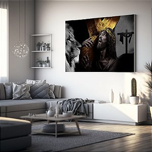 Quadro Decorativo Sala de Estar Pintura Leão com Jesus
