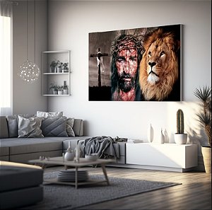 Quadro Decorativo Sala de Estar Pintura Leão com Jesus