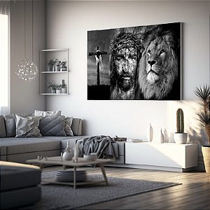 Quadro Decorativo Sala de Estar Pintura Leão com Jesus
