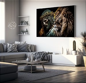 Quadro Decorativo Sala de Estar Pintura Leão com Jesus