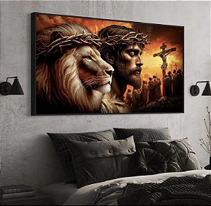 Quadro Decorativo Sala de Estar Pintura Leão com Jesus