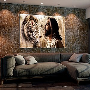 Quadro Decorativo Sala de Estar Pintura Leão e Jesus