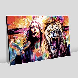 Quadro Decorativo Sala de Estar Pintura Leão e Jesus