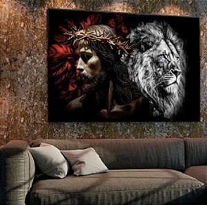 Quadro Decorativo Sala de Estar Pintura Leão e Jesus