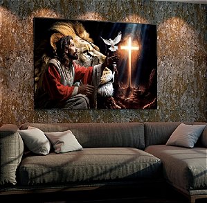 Quadro Decorativo Sala de Estar Pintura Leão e Jesus
