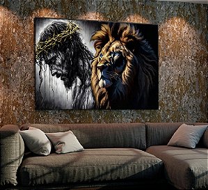 Quadro Decorativo Sala de Estar Pintura Leão e Jesus