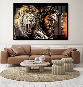 Quadro Decorativo Sala de Estar Pintura Leão e Jesus