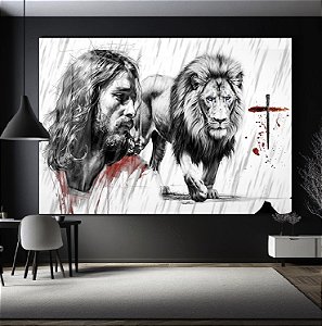 Quadro Decorativo Sala de Estar Pintura Leão e Jesus