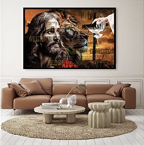 Quadro Decorativo Sala de Estar Pintura Leão e Jesus