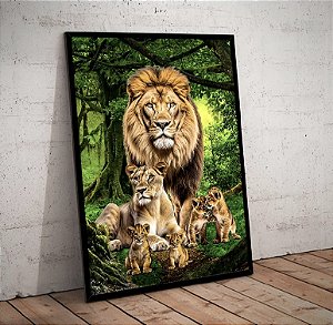 Quadro Decorativo Sala de Estar Pintura Leão Com Filhotes