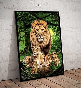 Quadro Decorativo Sala de Estar Pintura Leão Com Filhotes