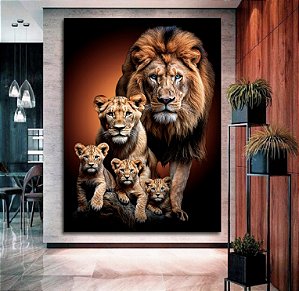 Quadro Decorativo Sala de Estar Pintura Leão Com Filhotes