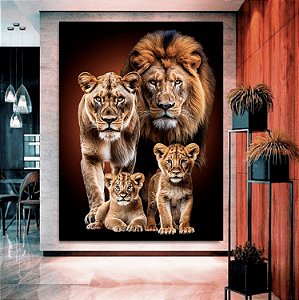 Quadro Decorativo Sala de Estar Pintura Leão Com Filhotes