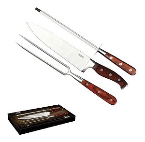 Kit 3 Peças Churrasco Tramontina Faca Tábua Madeira Garfo - Tamaru Gourmet