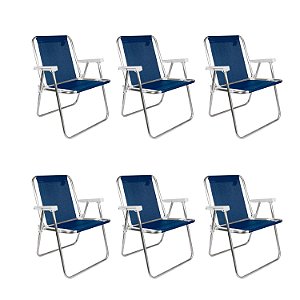 Kit 6 Cadeiras de Praia Alta Alumínio Azul Escuro 110kg Mor