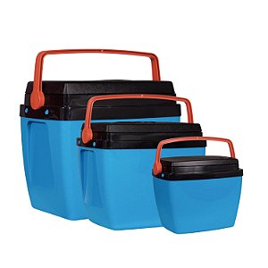 Kit 3 Caixa Térmica 34L 18L 6L Azul Laranja Cooler com Alça