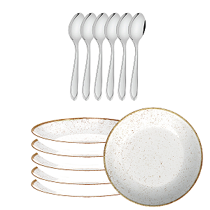 Jogo 6 Pratos de Sopa Porcelana + 6 Colheres Mesa Tramontina