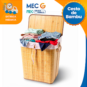 Cesto De Roupa Suja Bambu Grande Com Divisória Tampa Dobrável 60x52x32 MEK
