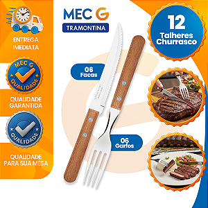 Jogo de Talheres Tramontina Cabo de Madeira 12 Peças Lâminas Aço Inox Garfo Faca com Serra Faqueiro