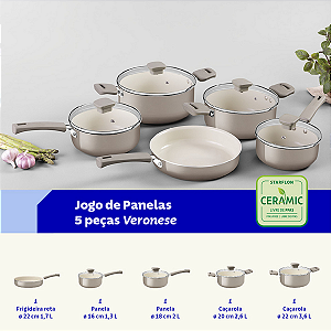 Conjunto de Panelas Revestimento Cerâmica 5 Peças Antiaderente Bege Veronese Tramontina