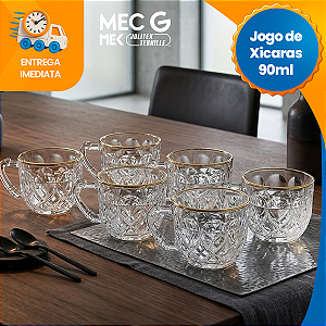 Xícara de Café Chá 6 Peças de Vidro 90ml Sofisticado Kit Conjunto