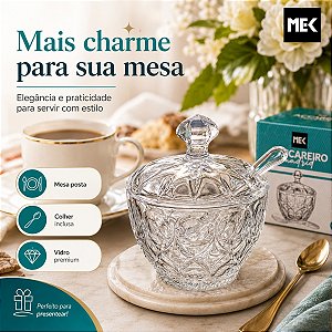 Açucareiro de Vidro Delicado com Colher de Acrílico Mesa Posta Cristal 210ml