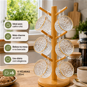 Jogo 6 Xícaras De Vidro 90ml e 230ml Com Suporte Bambu Café Cappuccino Chá Mek
