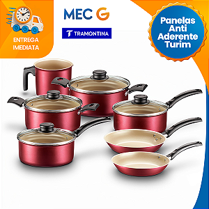 Jogo de Panelas Turim 7 Peças Vermelha Antiaderrente Revestimento Interno