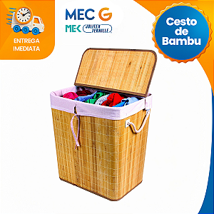 Cesto De Roupa Suja Bambu Grande Com Divisória Tampa Dobrável 60x38x30 MEK