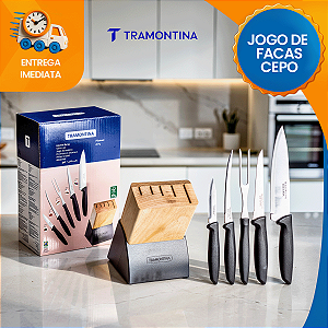 Jogo de Facas com Suporte Bancada Tramontina Faqueiro 6 peças com Cepo Faqueiro Tramontina