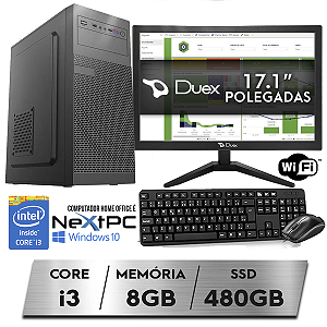 Desktop PC CPU Completo Home Office Intel Core i3 8GB SSD 480GB Monitor Duex 17.1" WiFi